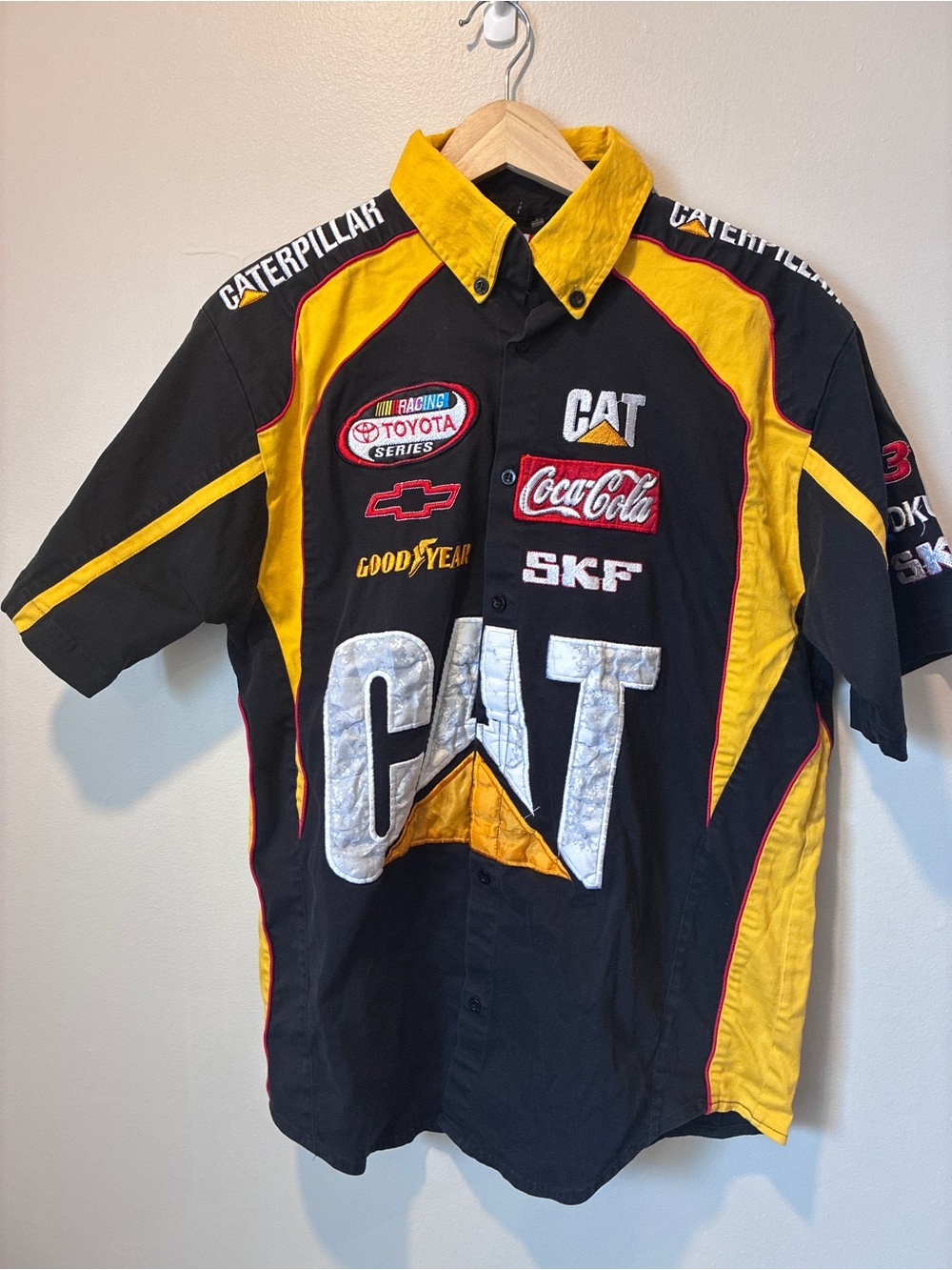 Nascar CAT Black Yellow Red Racing Button-Up Shirt